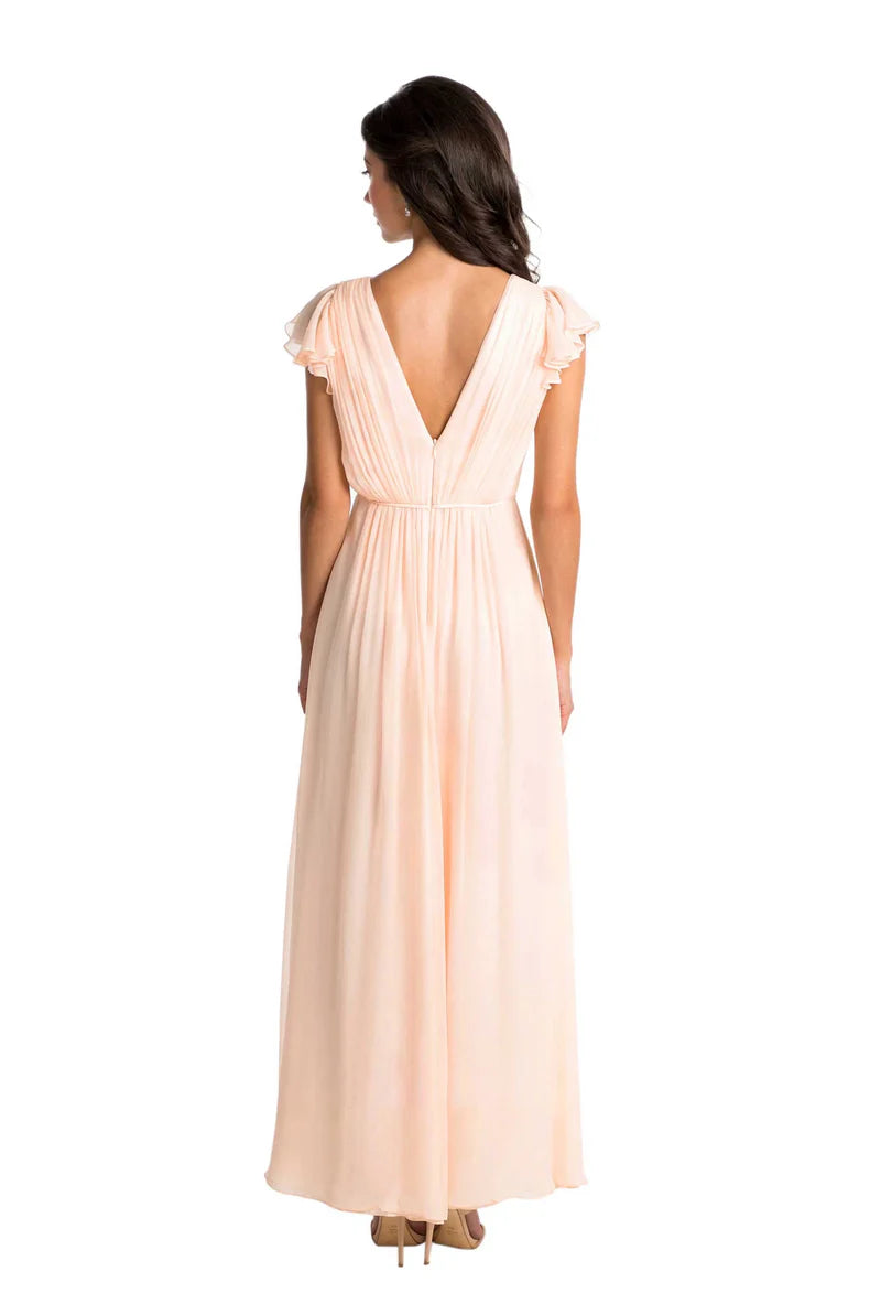 Bridesmaid Dress High-Low Cap Sleeve Ruched V-Neck Chiffon