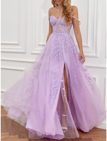 A-Line Prom Dresses See Through Dress Formal Sweep / Brush Train Sleeveless Sweetheart Tulle Backless with Beading Slit Appliques