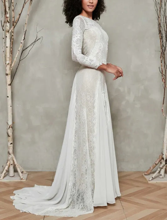 Fall November December New Pattern Wedding Dress Lace Chiffon Splicing Long Sleeves Dress