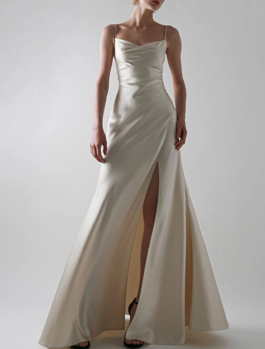 A-Line Evening Gown Sexy Dress Wedding Guest Prom Floor Length Sleeveless Spaghetti Strap Satin with Slit Pure Color