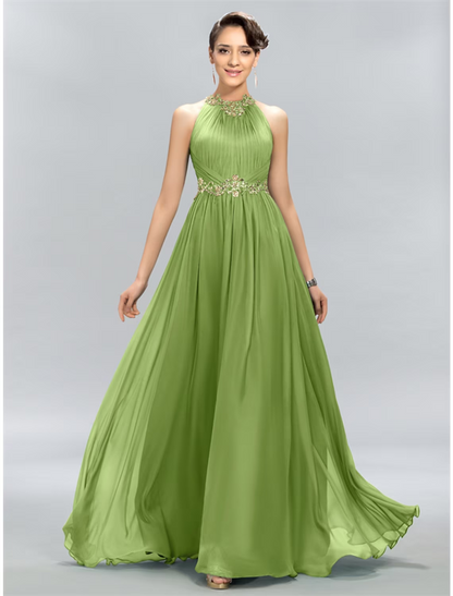 A-Line Wedding Guest Dresses Maxi Dress Party Wear Floor Length Sleeveless Halter Chiffon with Ruched Appliques