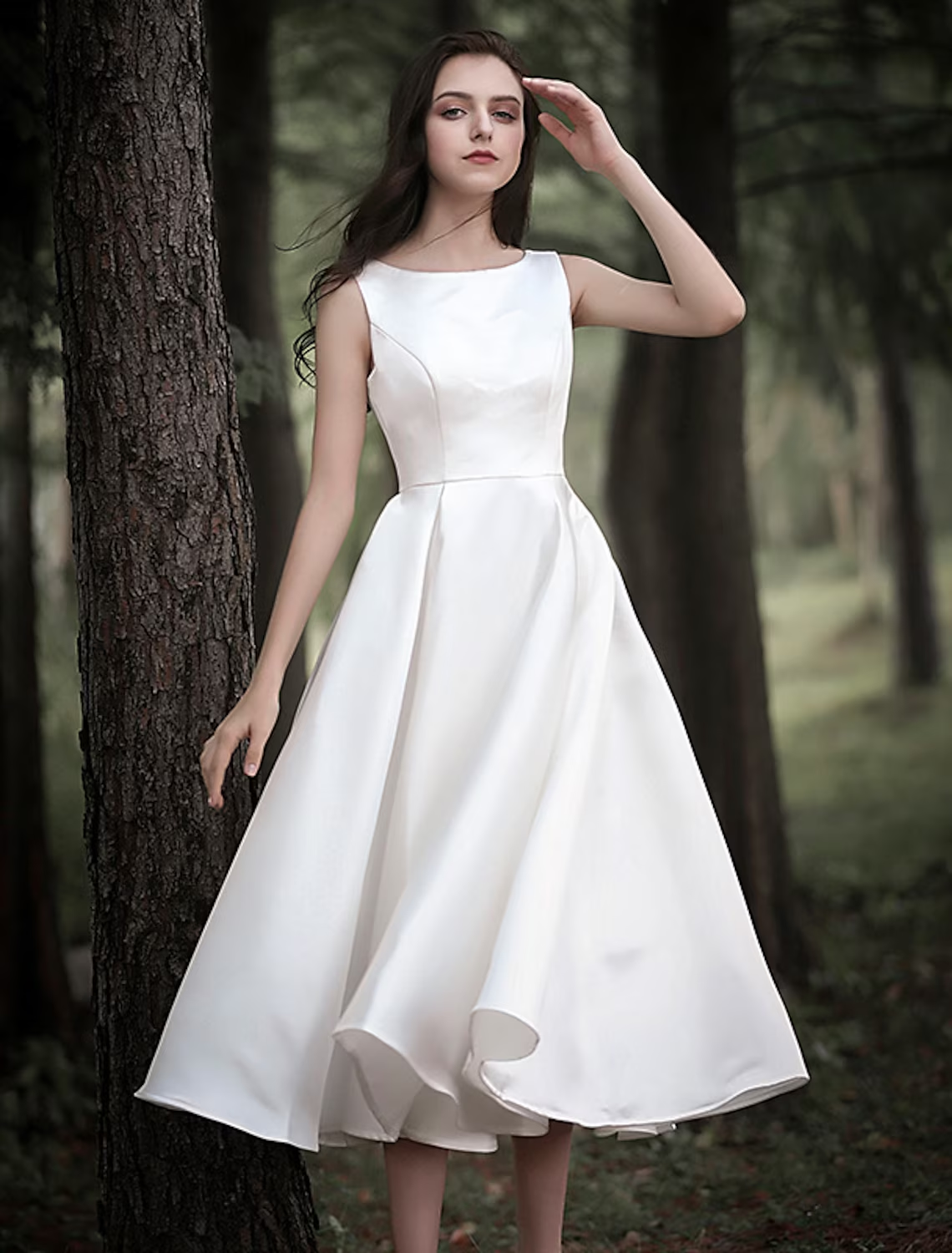 Bridal Shower Little White Dresses Wedding Dresses Tea Length A-Line Sleeveless Jewel Neck Satin With Solid Color