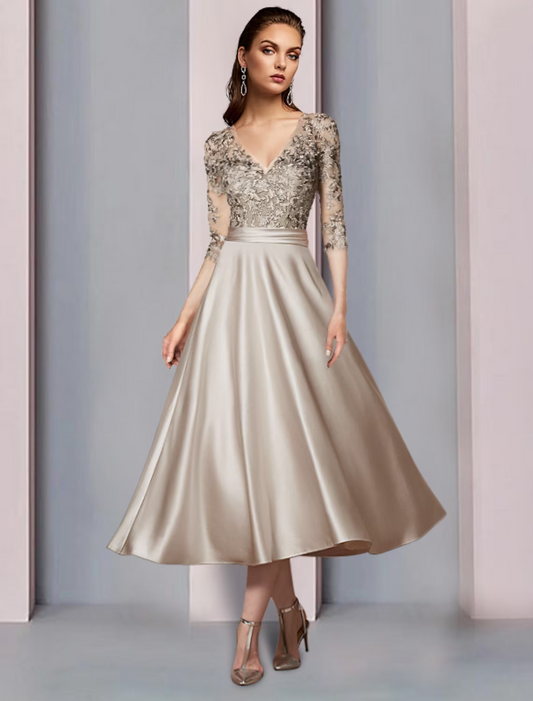 A-Line Mother of the Bride Dress Wedding Guest Elegant V Neck Tea Length Satin Lace Half Sleeve with Pleats Appliques