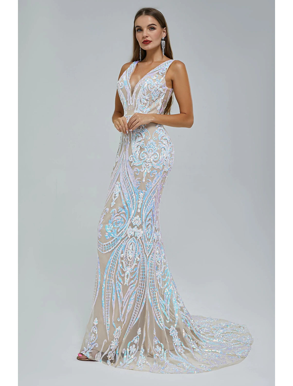 Mermaid / Trumpet Evening Gown Sparkle & Shine Dress Engagement Formal Evening Court Train Sleeveless V Neck Sequined with Sequin