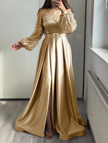 A-Line Evening Gown Glittering Dress Wedding Black Tie Floor Length Long Sleeve Jewel Neck Fall Wedding Guest Satin with Sequin