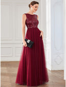 A-Line Party Dresses Sparkle & Shine Dress Wedding Guest Birthday Floor Length Sleeveless Jewel Neck Tulle with Sequin