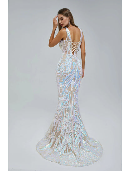 Mermaid / Trumpet Evening Gown Sparkle & Shine Dress Engagement Formal Evening Court Train Sleeveless V Neck Sequined with Sequin