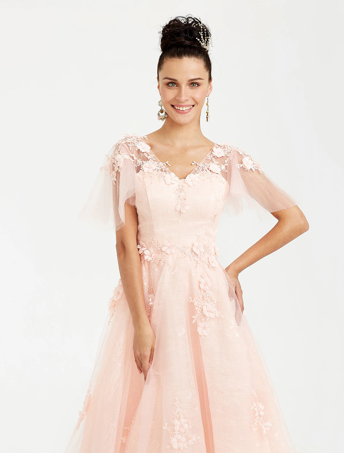 A-Line Prom Dresses Elegant Dress Wedding Guest Cocktail Party Tea Length Short Sleeve V Neck Tulle with Appliques