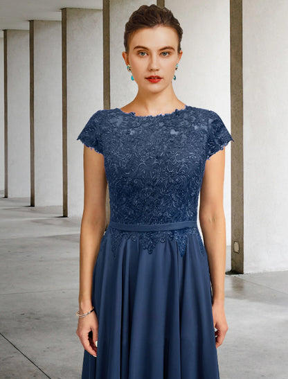 A-Line Mother of the Bride Dress Luxurious Elegant Jewel Neck Tea Length Chiffon Lace Cap Sleeve with Pleats Appliques A-Line Mother of the Bride Dress Luxurious Elegant Jewel Neck Tea Length Chiffon Lace Cap Sleeve with Pleats Appliques