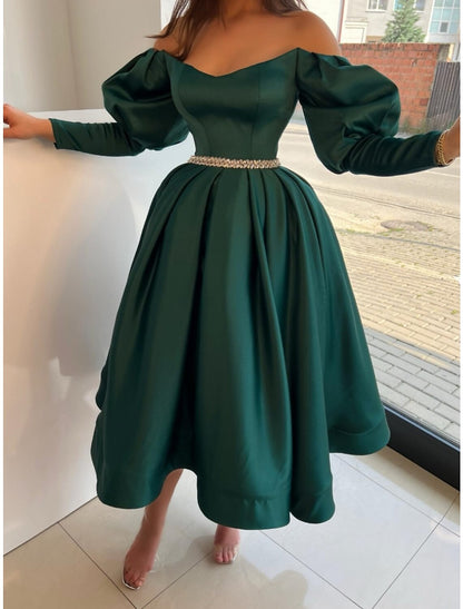 A-Line Evening Gown Elegant Dress Formal Tea Length Christmas Red Green Dress Long Sleeve Off Shoulder Satin with Pleats Crystals