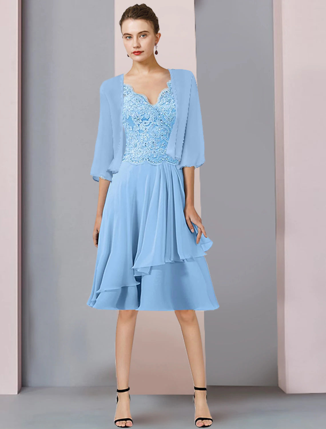 Two Piece A-Line Mother of the Bride Dress Formal Wedding Guest Elegant V Neck Knee Length Chiffon Lace 3/4 Length Sleeve Wrap Included with Beading Sequin Appliques