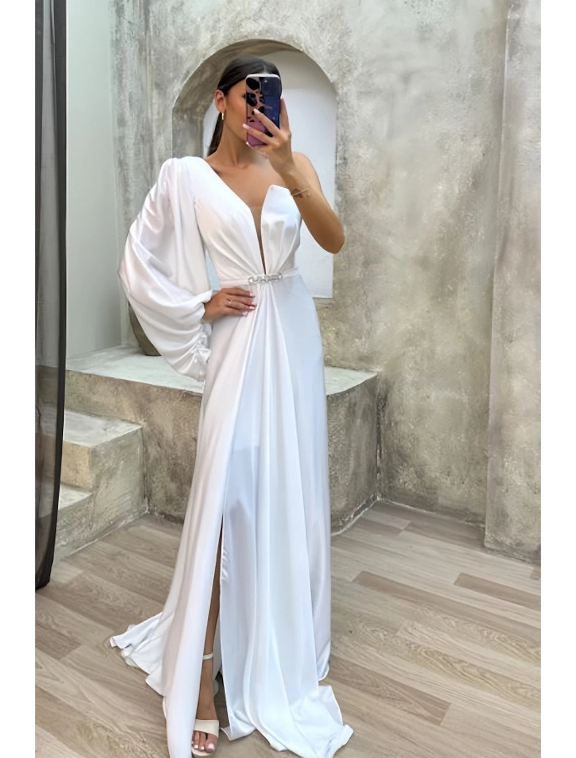 A-Line Evening Gown High Split Dress Formal Fall Sweep / Brush Train Long Sleeve One Shoulder Satin with Pleats Crystals Slit