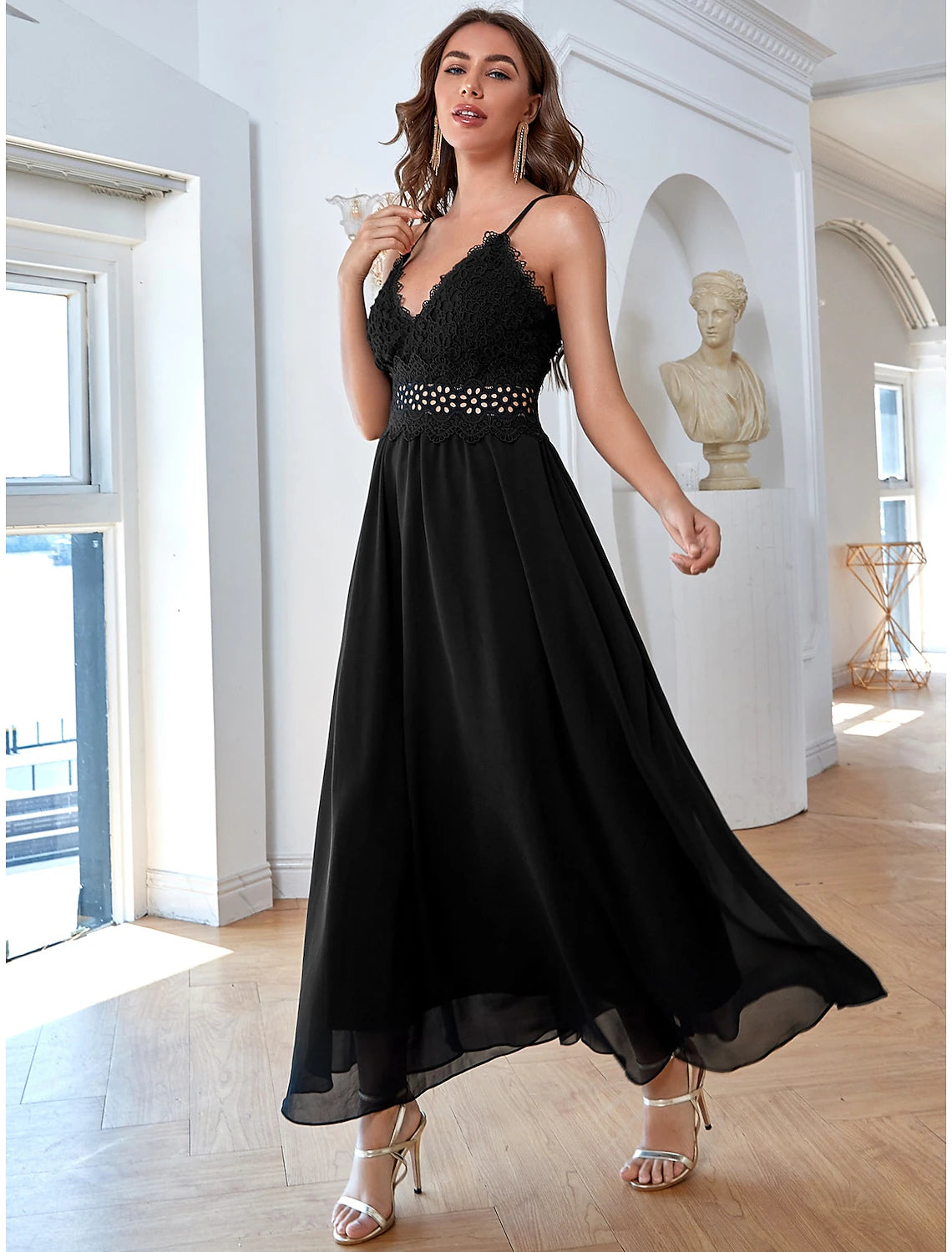 A-Line Elegant Vintage Party Wear Formal Evening Dress V Neck Sleeveless Ankle Length Chiffon with Sequin Pure Color Splicing