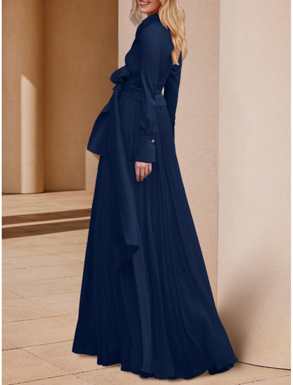 Wedding Guest Elegant V Neck Floor Length Stretch Chiffon Long Sleeve with Bow(s) Solid Color Mother of the Bride Dress&nbsp;