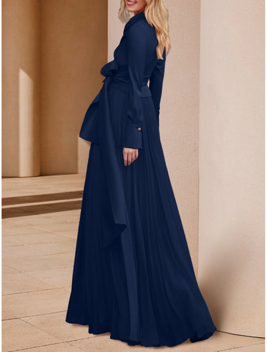 Wedding Guest Elegant V Neck Floor Length Stretch Chiffon Long Sleeve with Bow(s) Solid Color Mother of the Bride Dress 