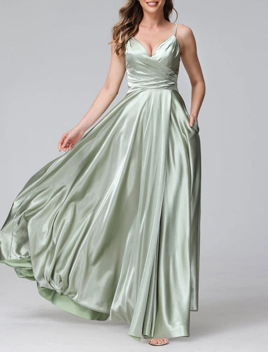 A-Line Bridesmaid Dress Spaghetti Strap Sleeveless Elegant Floor Length Satin with Split Front / Ruching