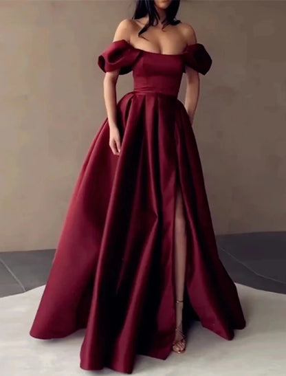 A-Line Evening Gown Minimalist Dress Wedding Guest Engagement Floor Length Sleeveless Strapless Italy Satin with Slit Pure Color