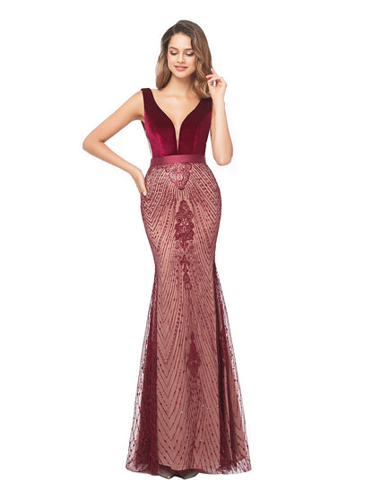 Mermaid Party Dress Evening Gown Luxurious Dress Formal Evening Sweep / Brush Train Sleeveless V Neck Fall Wedding Guest Velvet Backless with Beading