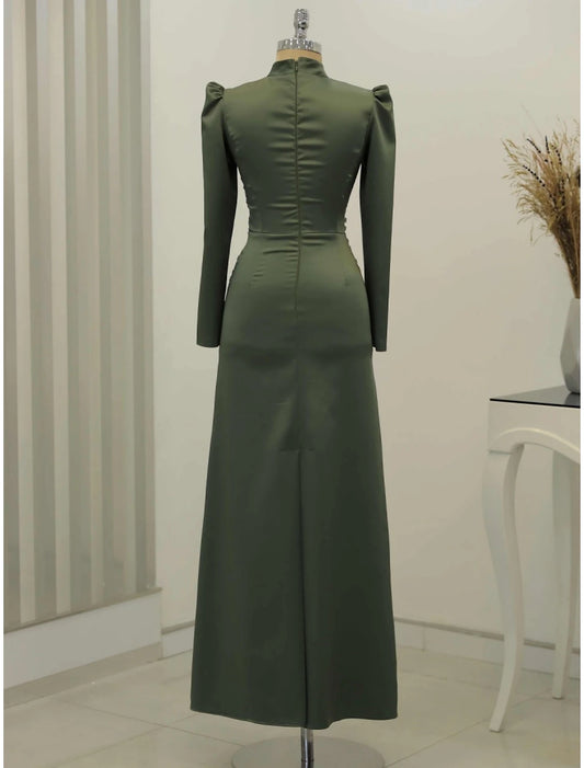 A-Line Evening Gown Christmas Elegant Dress Formal Ankle Length Long Sleeve High Neck Satin with Glitter Ruched