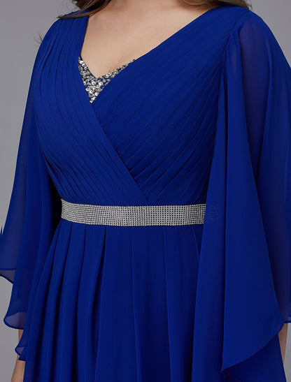 A-Line Plus Size Dress Wedding Guest Formal Evening Floor Length Long Sleeve V Neck Chiffon Lace-up with Crystals Sequin