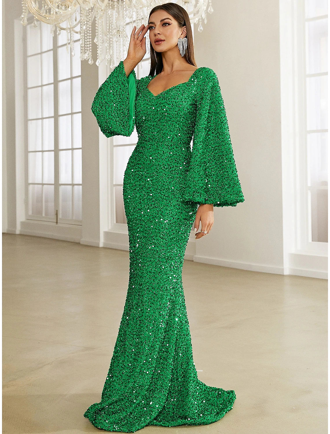 Mermaid / Trumpet Evening Gown Sparkle & Shine Dress Formal Fall Sweep / Brush Train Long Sleeve V Neck Sequined with Glitter Ruched