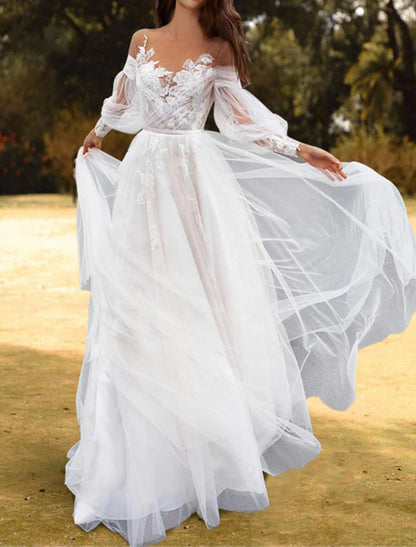 Beach Wedding Dresses A-Line Off Shoulder Long Sleeve Sweep / Brush Train Lace Bridal Gowns With Pleats Appliques