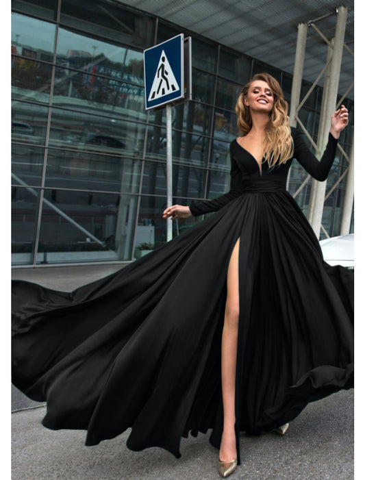 A-Line Evening Gown Empire Black Dress Holiday Wedding Guest Floor Length Long Sleeve V Neck Chiffon V Back with Slit Pure Color