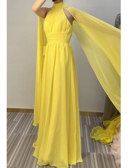 A-Line Evening Gown Maxi Dress Formal Wedding Guest Floor Length Sleeveless High Neck Capes Chiffon with Ruched