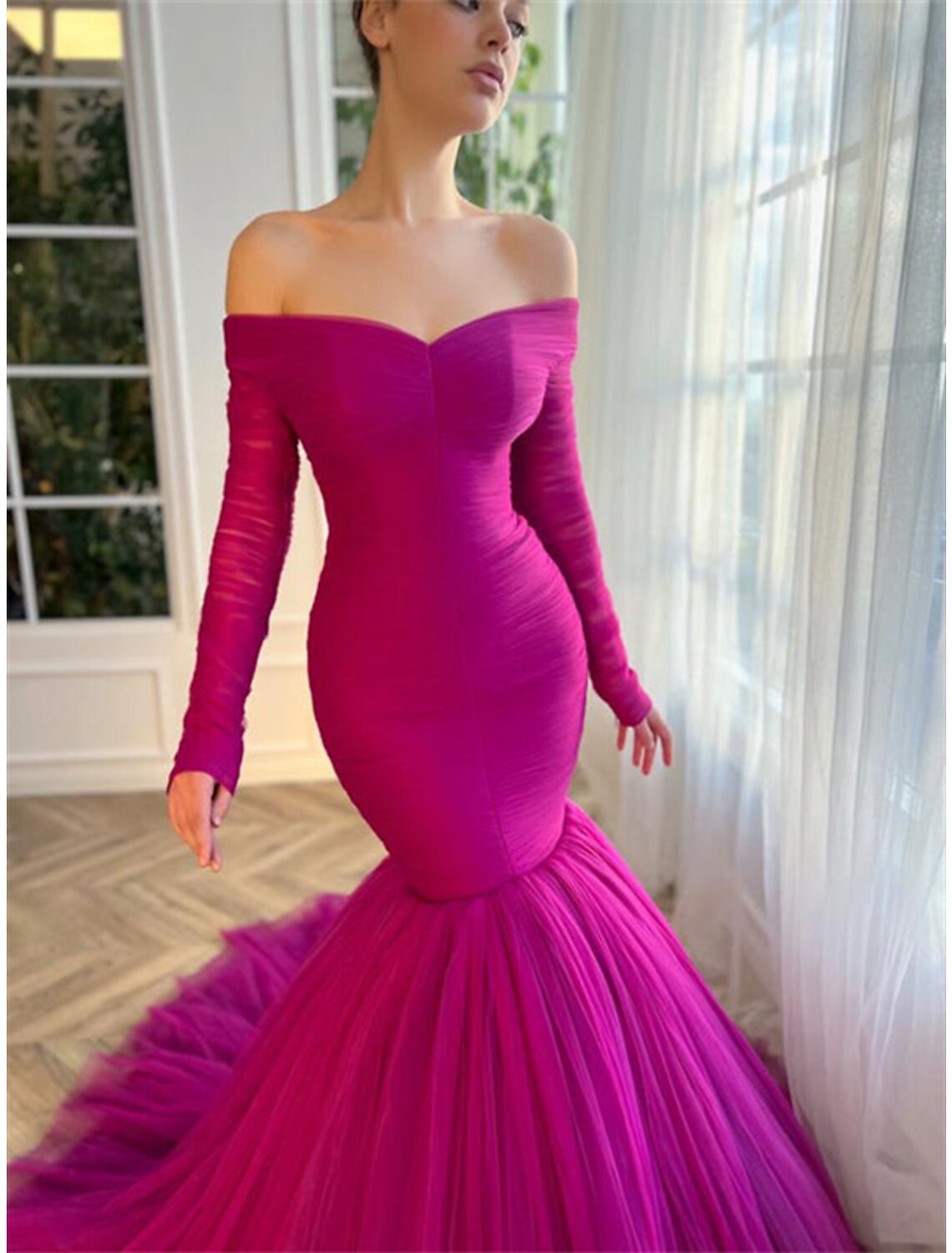 Mermaid Christmas Red Green Dress Evening Gown Elegant Dress Wedding Guest Wedding Party Court Train Long Sleeve Off Shoulder Tulle with Ruched