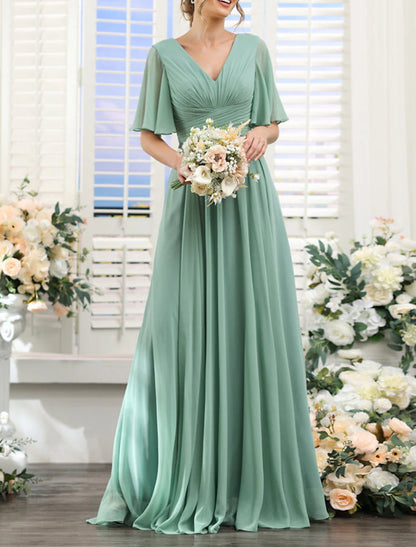 A-Line Bridesmaid Dress V Neck Short Sleeve Elegant Floor Length Chiffon with Split Front