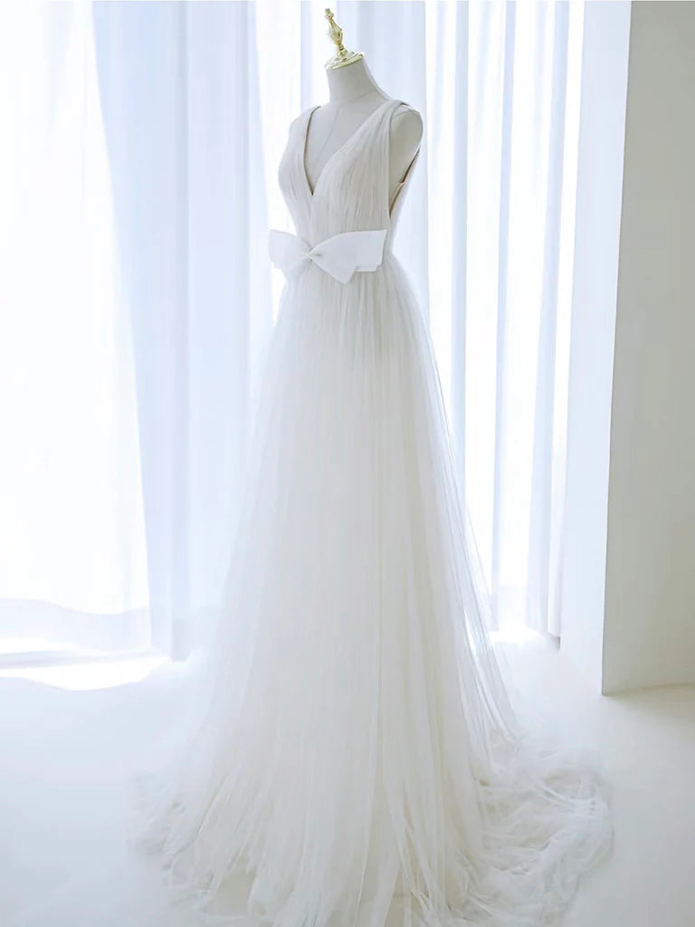 A-Line Deep V Neck Tulle Long Wedding Dress with Bow Fantastic Wedding Dress