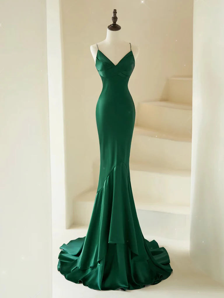 Mermaid Cultivate oneself V Neck Satin Green Long Prom Dress Long Irregular Elegant Party dress