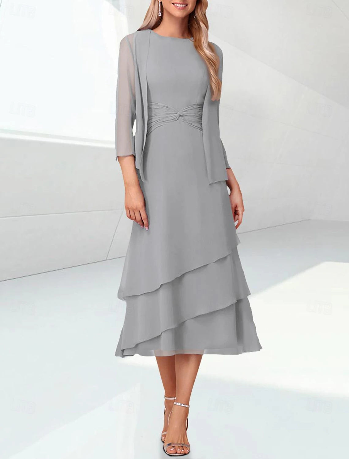 Elegant Wedding Guest Tea Tiered Chiffon 3/4 Length Sleeve Wrap Included with Mother of the Bride Dress