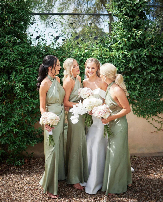 Bridesmaid Dresses Charming Sheath Satin Sage Long Bridesmaid Dresses