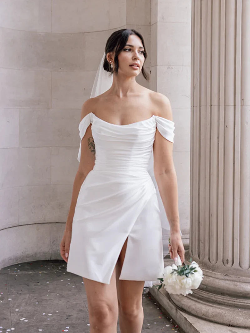 Wedding Dress Off-the-Shoulder Short Satin Cowl Neck Simple Formal With Slit