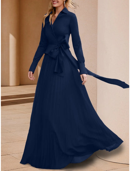 A-Line Mother of the Bride Dress Wedding Guest Elegant V Neck Floor Length Stretch Chiffon Long Sleeve with Bow(s) Ruching Solid Color