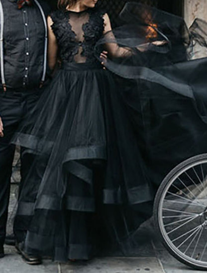 Black Wedding Dresses Formal Fall A-Line Illusion Neck Sleeveless Sweep / Brush Train Tulle Gothic Halloween Engagement Bridal Gowns With Appliques Cascading Ruffles