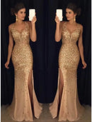 Mermaid / Trumpet Prom Dresses Luxurious Dress Formal Floor Length Sleeveless Sweetheart Tulle with Rhinestone Slit