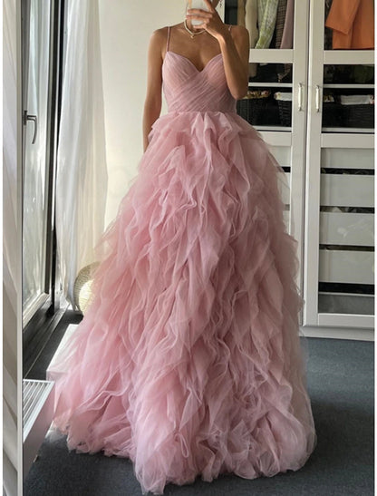 A-Line Prom Dresses Elegant Dress Formal Floor Length Sleeveless Spaghetti Strap Tulle with Pleats Ruffles