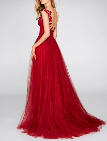 A-Line Evening Gown Party Dress Christmas Red Green Dress Engagement Prom Court Train Sleeveless V Neck Chiffon with Slit Appliques