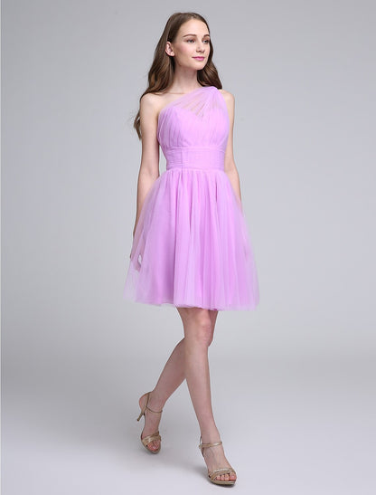 A-Line Bridesmaid Dress One Shoulder Sleeveless Knee Length Tulle with Ruched / Side Draping