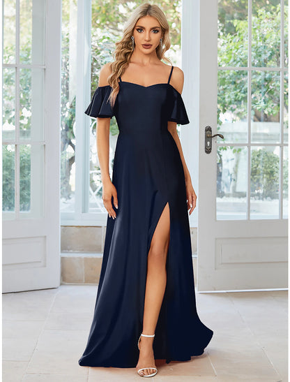 A-Line Wedding Guest Dresses Elegant Dress Formal Floor Length Short Sleeve Off Shoulder Stretch Fabric with Slit Pure Color