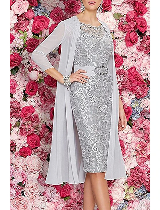 Two Piece Sheath / Column Mother of the Bride Dress Formal Wedding Guest Elegant Scoop Neck Knee Length Chiffon Lace Sleeveless Jacket Dresses with Beading Appliques