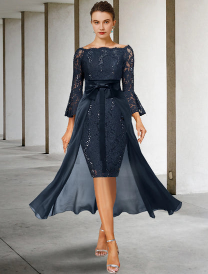 Formal Wedding Guest Elegant Party Off Shoulder Knee Length Chiffon Lace Imitated Silk 3/4 Length Sleeve with Bow(s) Mother of the Bride Dress