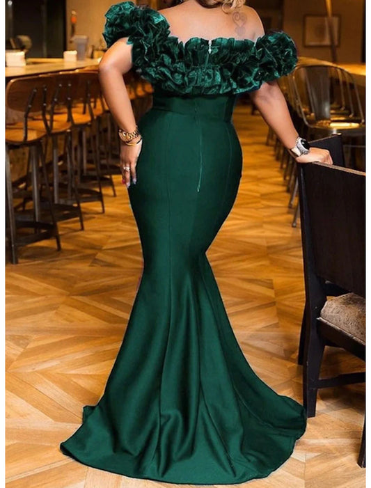 Mermaid Evening Gown Emerald Green Dress Christmas Red Green Dress Engagement Sweep / Brush Train Short Sleeve Off Shoulder Stretch Satin with Sleek