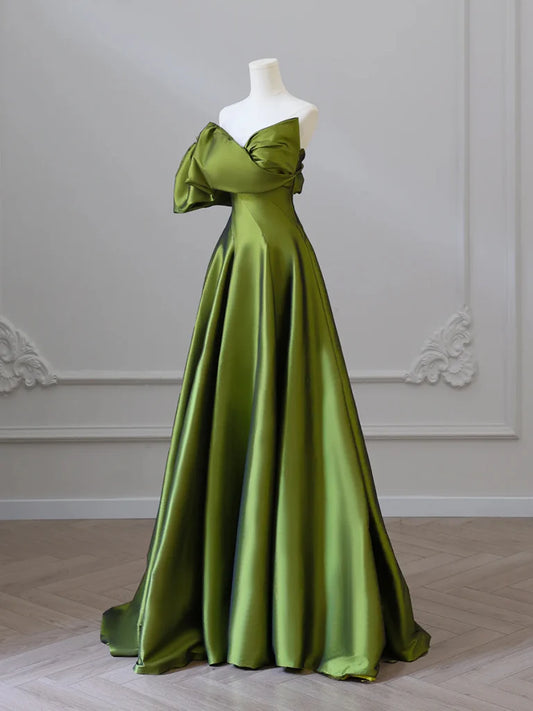 Long A-Line V Neck Satin Formal Dress Evening Dress