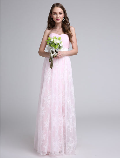 Sheath / Column Bridesmaid Dress Strapless Sleeveless Elegant Floor Length Lace / Tulle with Lace / Sash / Ribbon / Criss Cross