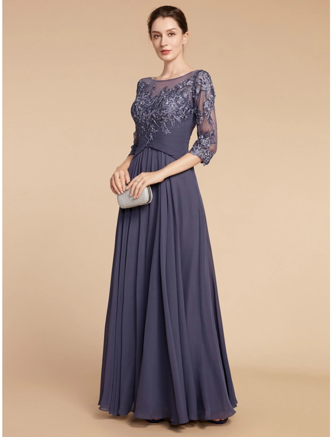 A-Line Mother of the Bride Dress Wedding Guest Elegant Scoop Neck Floor Length Chiffon Lace 3/4 Length Sleeve with Ruching Solid Color