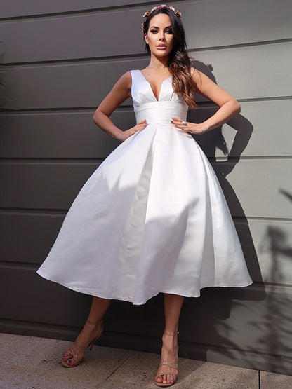 Wedding Dresses A-Line/Princess Satin Ruched V-neck Sleeveless Length