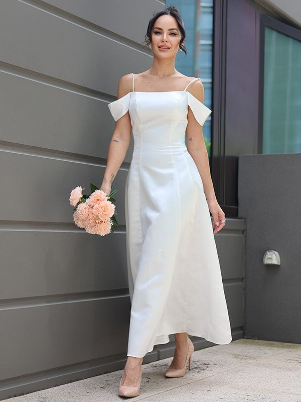 A-Line/Princess Satin Ruffles Spaghetti Straps Sleeveless Ankle-Length Wedding Dresses